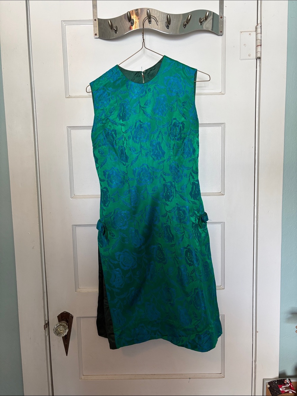 Vintage Handmade Green Floral Jacquard Satin Sheath Dress Size XS